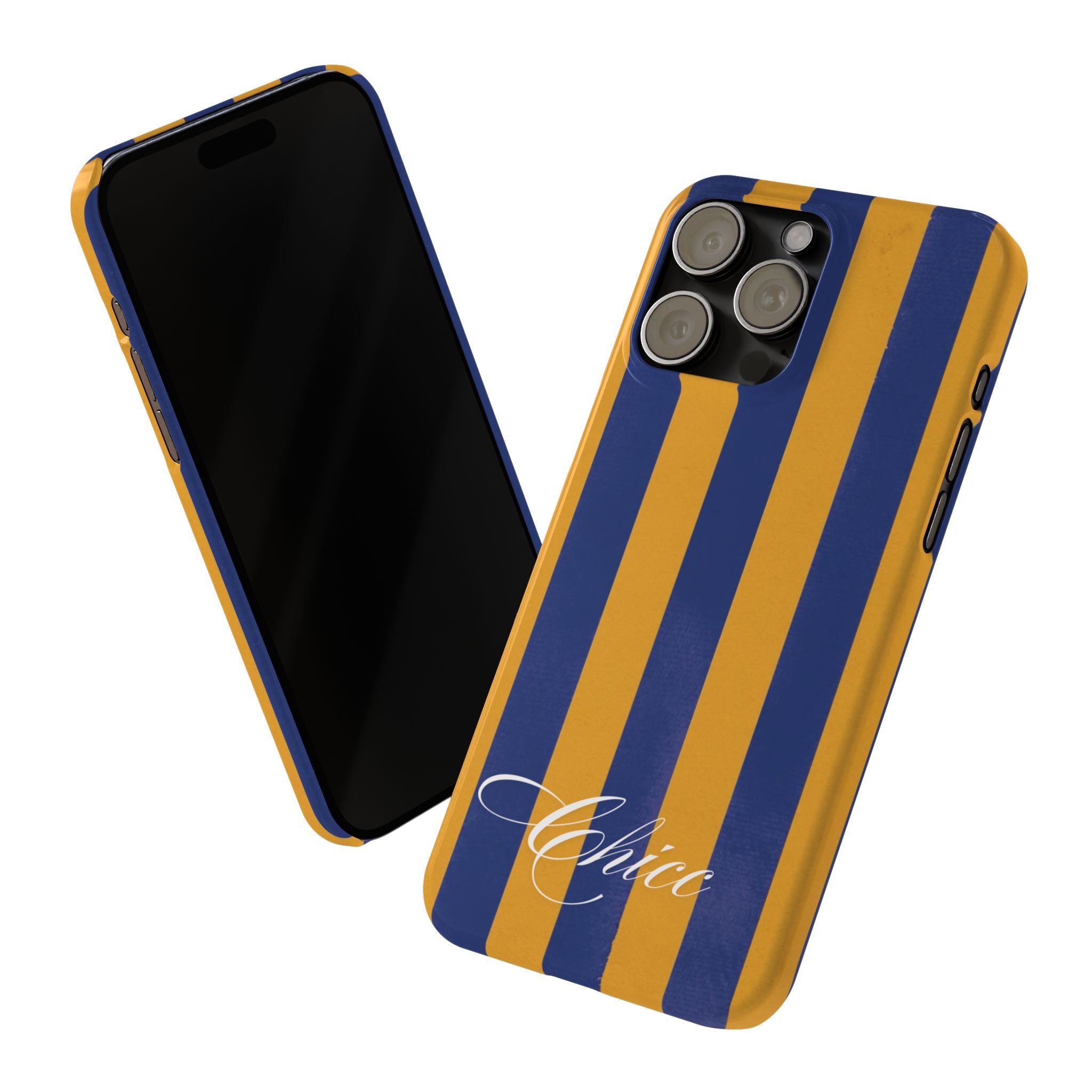 Striped Navy & Gold Slim Phone Case — "Chicc" Script Accent