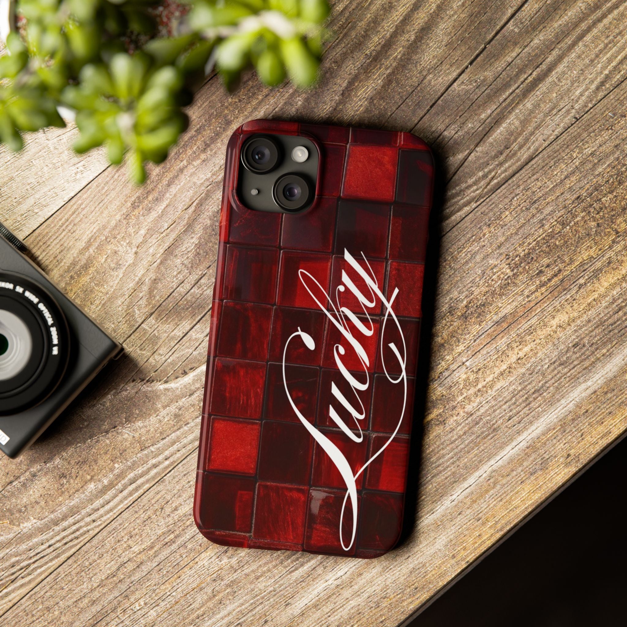 Red Mosaic 'Lucky' Slim Phone Case — Stylish Script Protective Cover