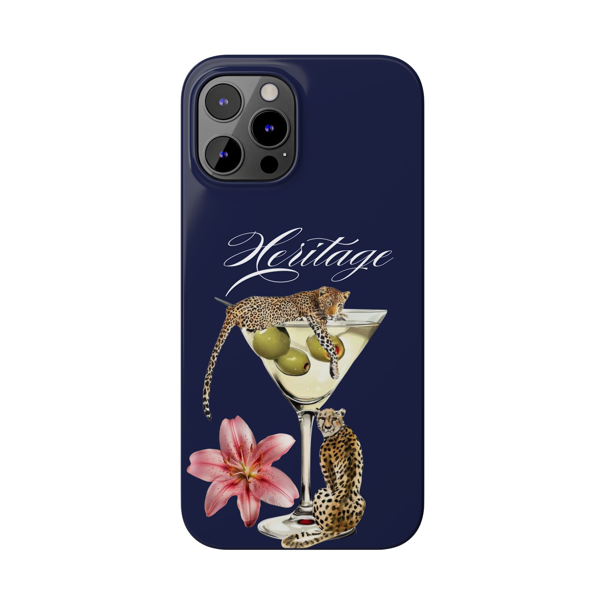 Heritage Cheetah Martini Slim Phone Case — Floral Cocktail Design