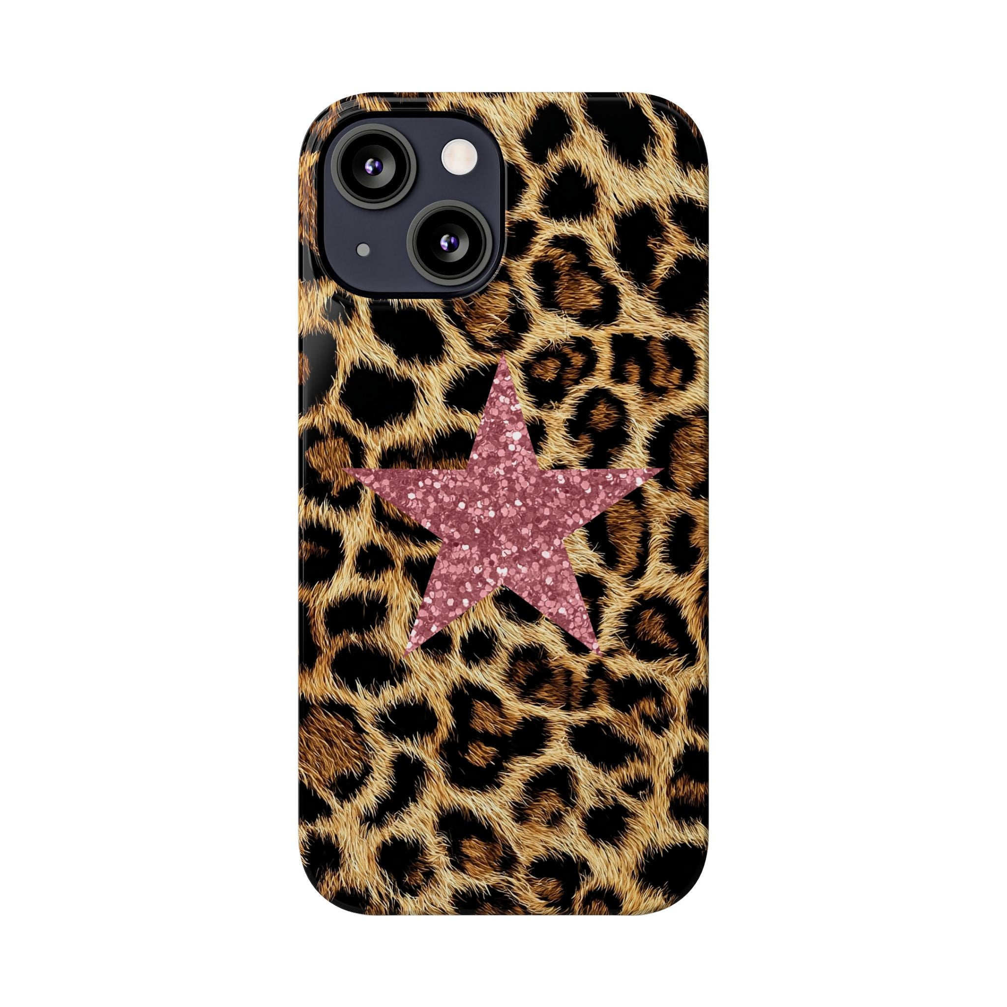 Leopard Print Slim Phone Case with Pink Glitter Star — Chic Animal Print Protective Cover