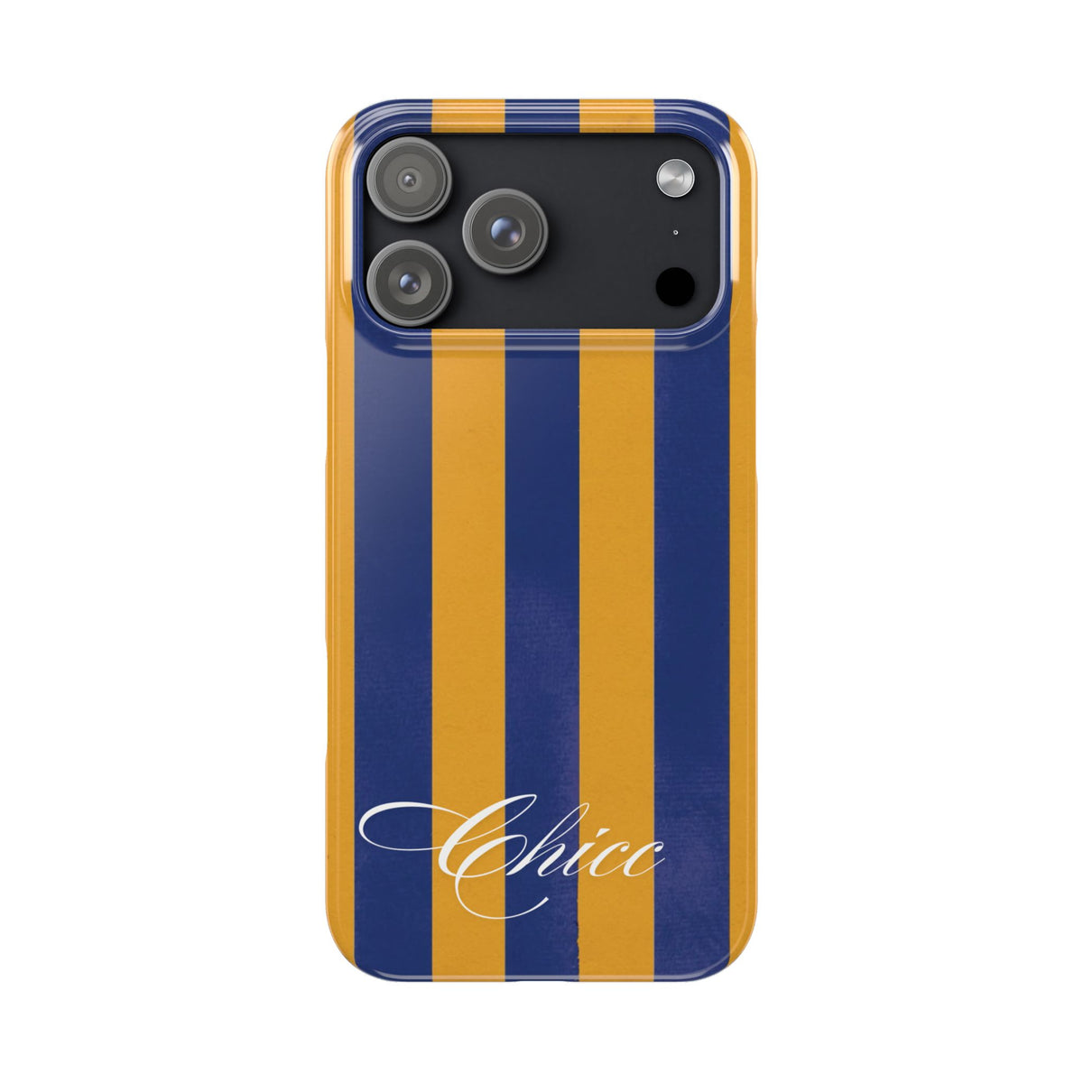Striped Navy & Gold Slim Phone Case — "Chicc" Script Accent