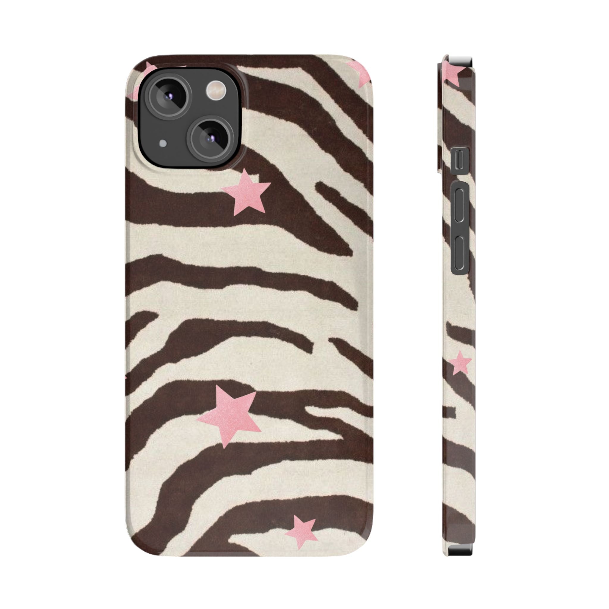 Zebra Stripe Slim Phone Case with Pink Stars – Trendy Animal Print Protector