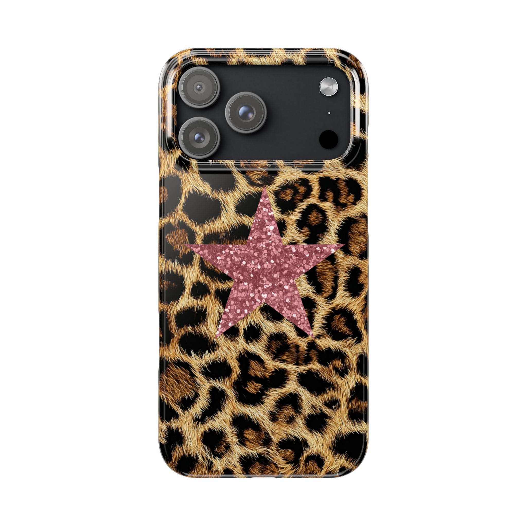 Leopard Print Slim Phone Case with Pink Glitter Star — Chic Animal Print Protective Cover