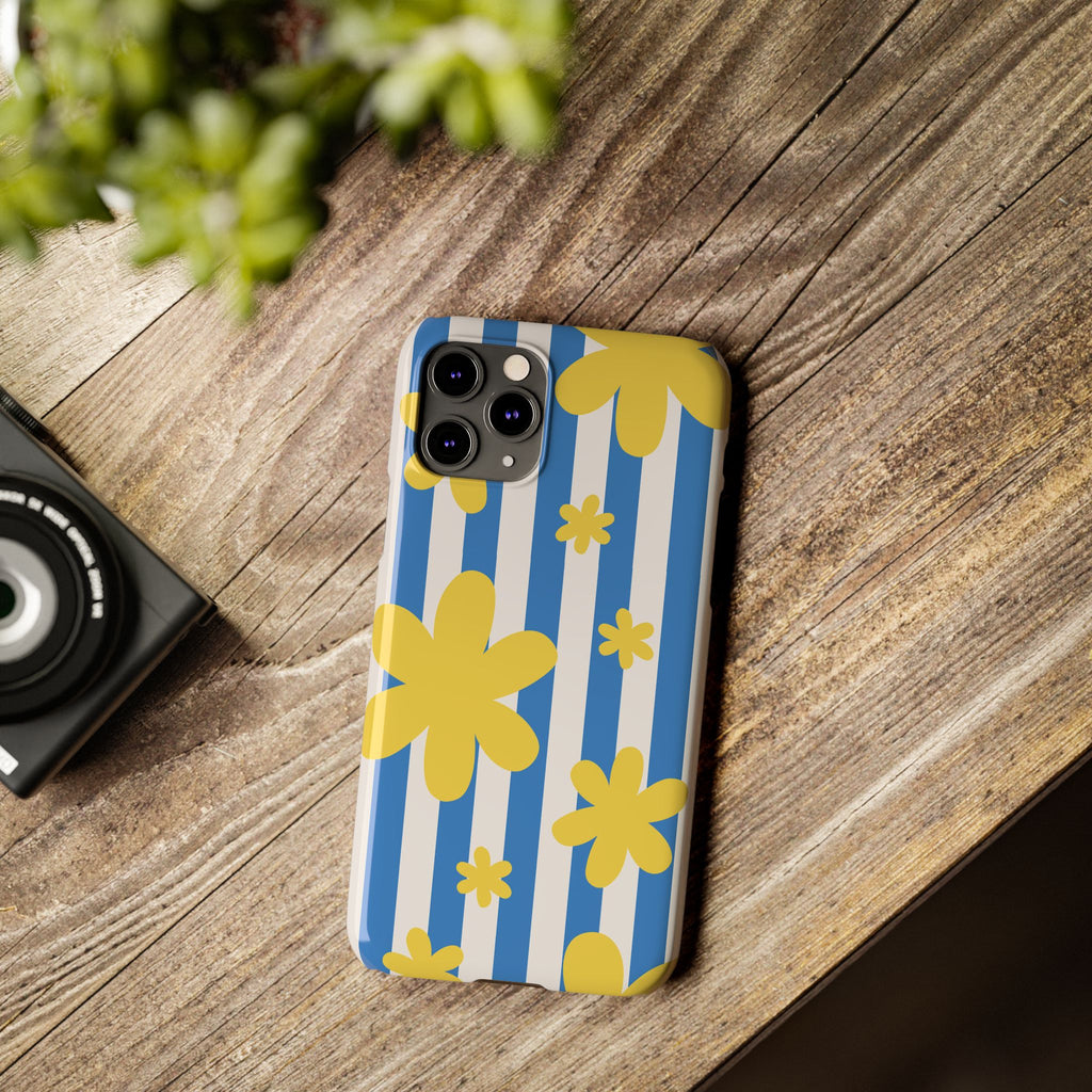 Retro Blue Stripes with Yellow Flower Pattern