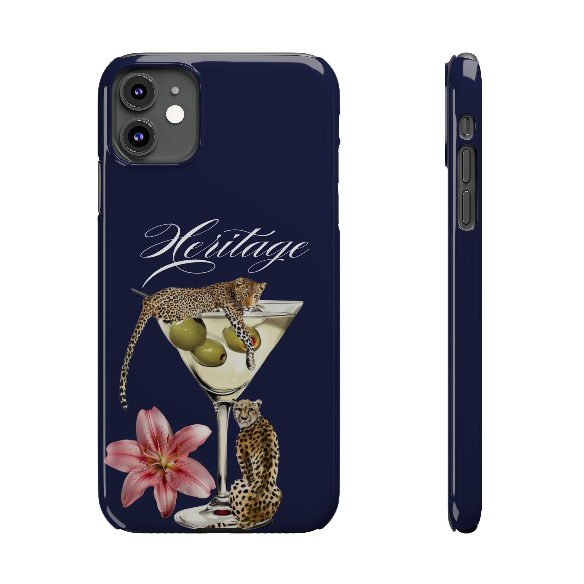 Heritage Cheetah Martini Slim Phone Case — Floral Cocktail Design