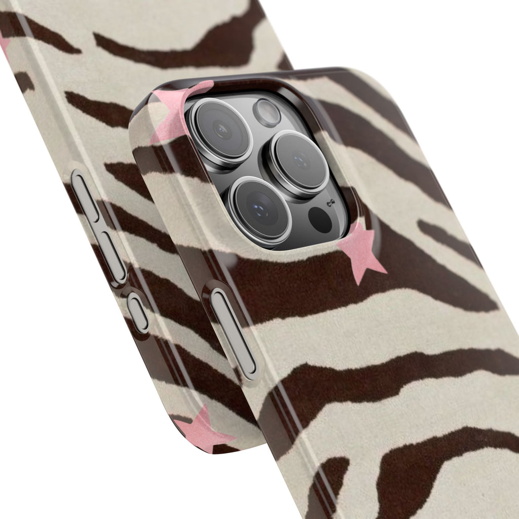 Zebra Stripe Slim Phone Case with Pink Stars – Trendy Animal Print Protector