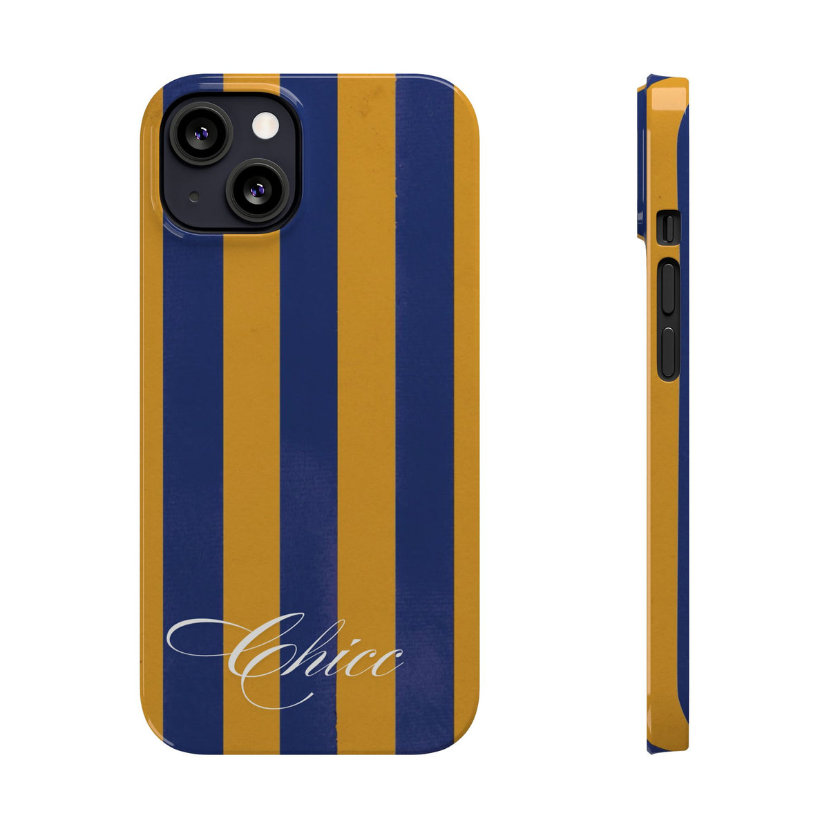 Striped Navy & Gold Slim Phone Case — "Chicc" Script Accent