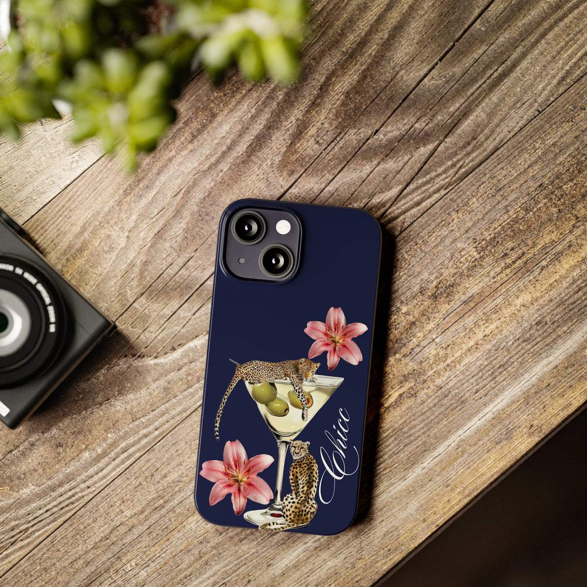 Heritage Cheetah Martini Slim Phone Case — Floral Cocktail Design