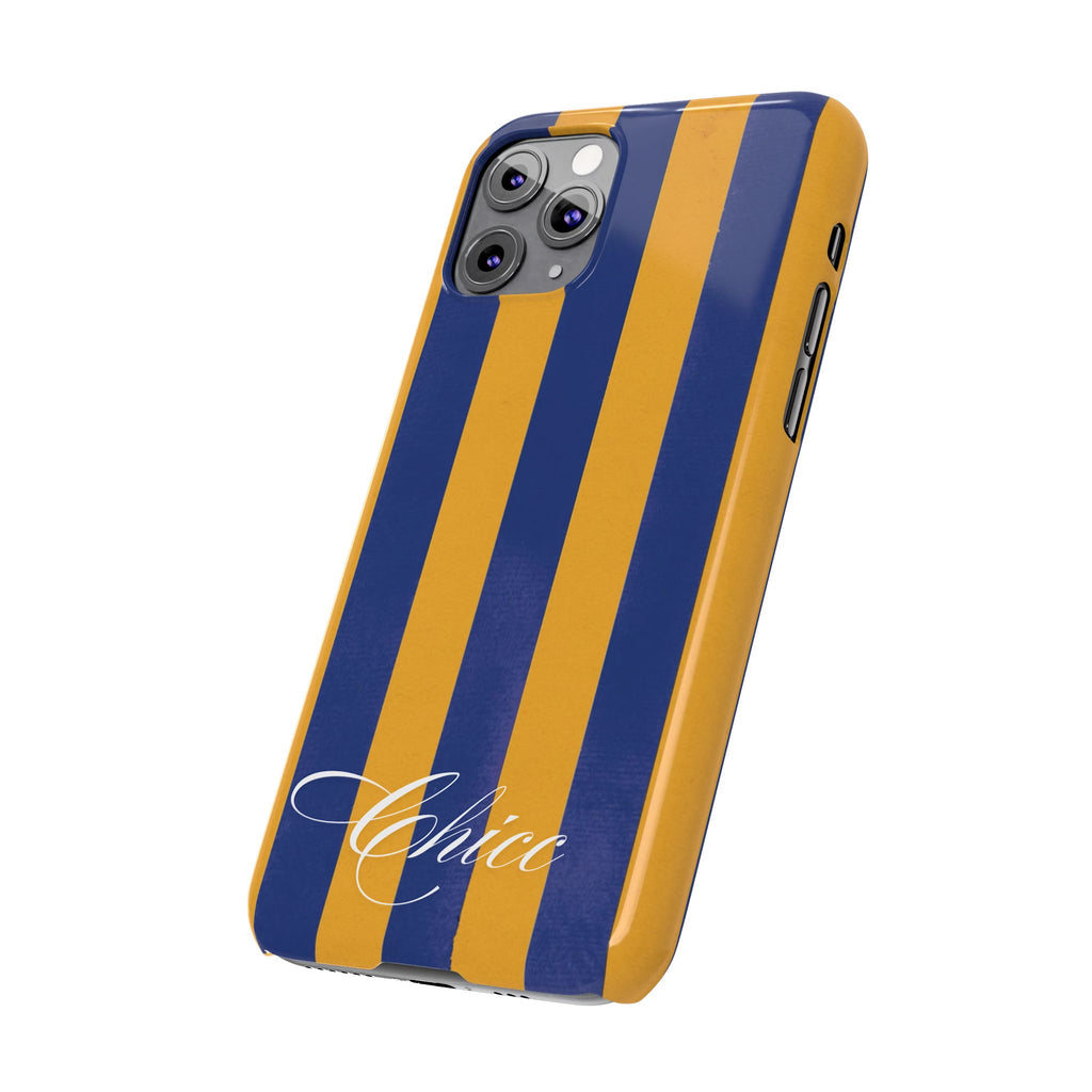 Striped Navy & Gold Slim Phone Case — "Chicc" Script Accent