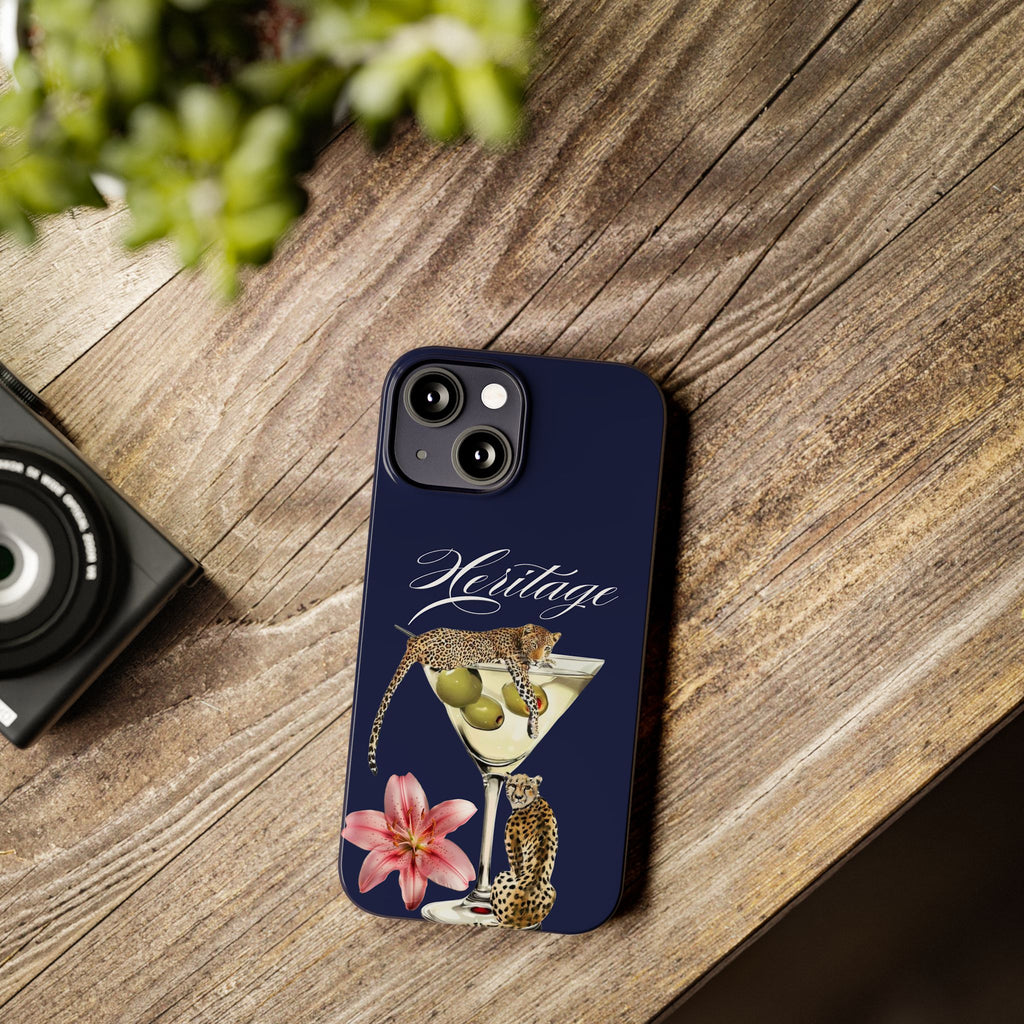 Heritage Cheetah Martini Slim Phone Case — Floral Cocktail Design