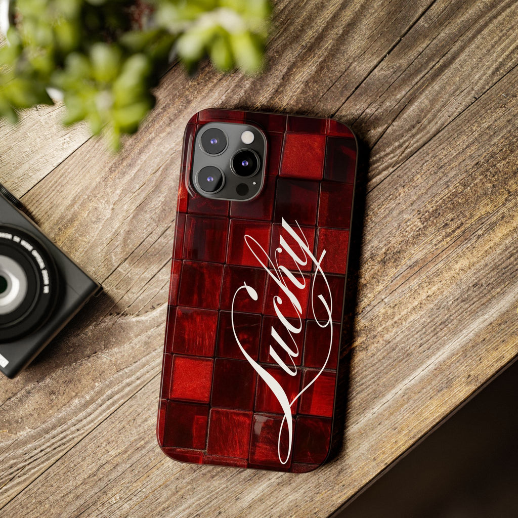Red Mosaic 'Lucky' Slim Phone Case — Stylish Script Protective Cover