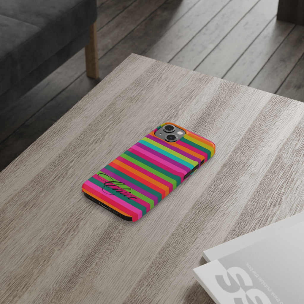 Chic Stripes Slim Phone Case — Colorful Rainbow Stripe Monogram Phone Cover