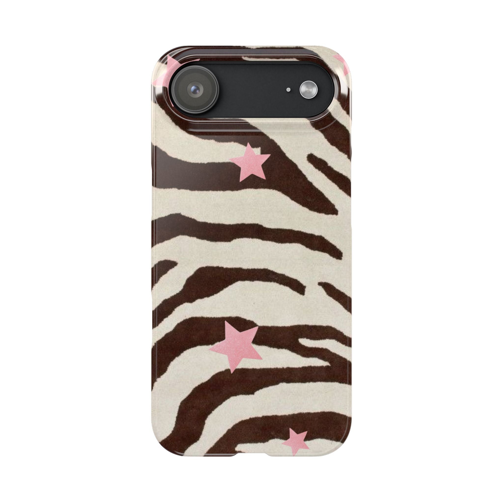 Zebra Stripe Slim Phone Case with Pink Stars – Trendy Animal Print Protector