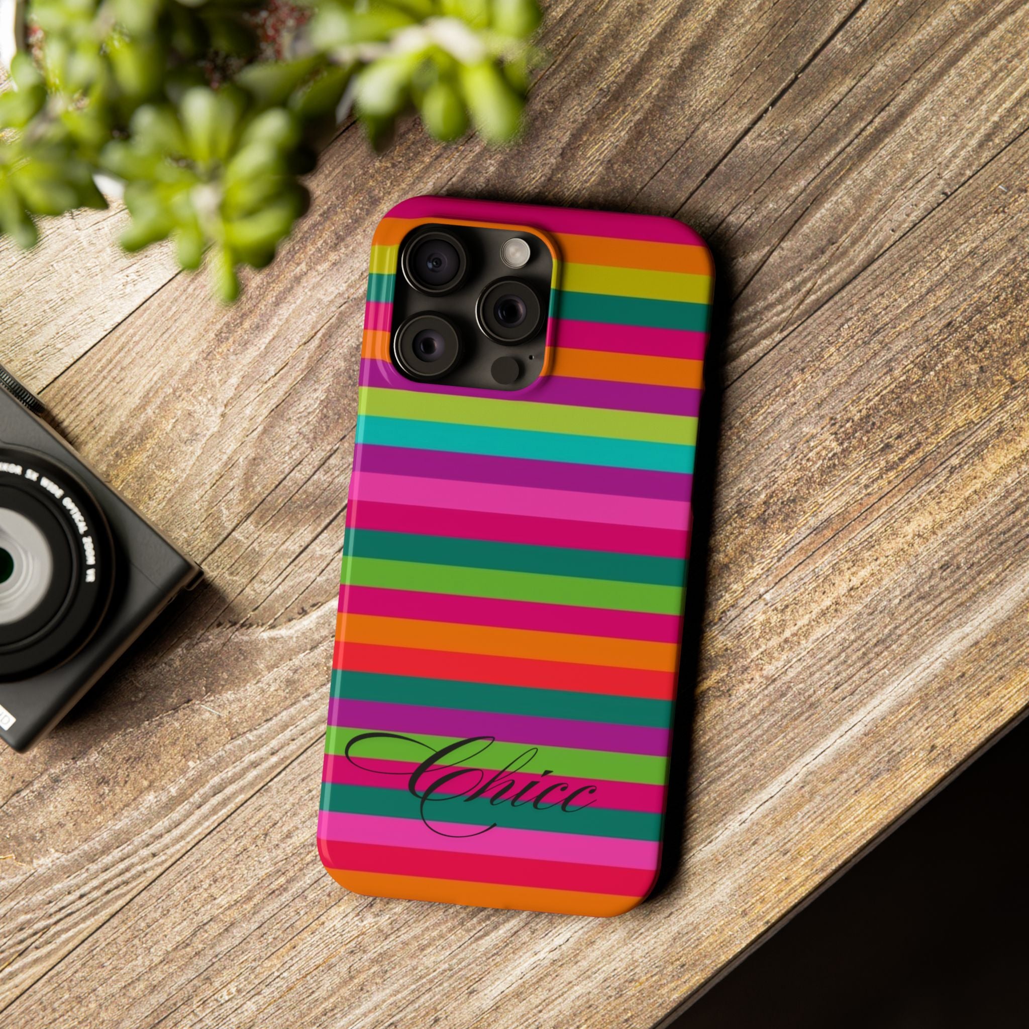 Chic Stripes Slim Phone Case — Colorful Rainbow Stripe Monogram Phone Cover