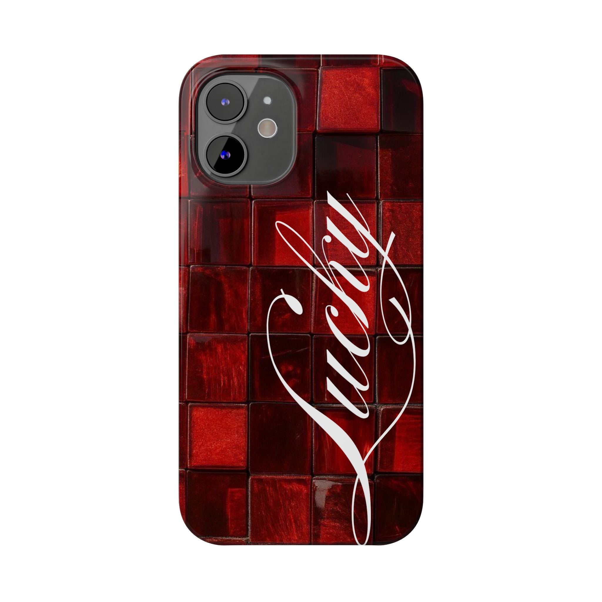 Red Mosaic 'Lucky' Slim Phone Case — Stylish Script Protective Cover