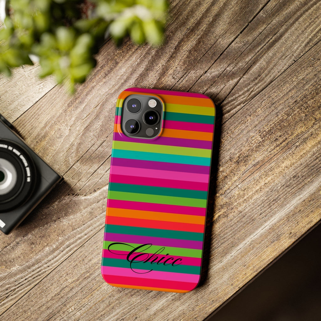 Chic Stripes Slim Phone Case — Colorful Rainbow Stripe Monogram Phone Cover