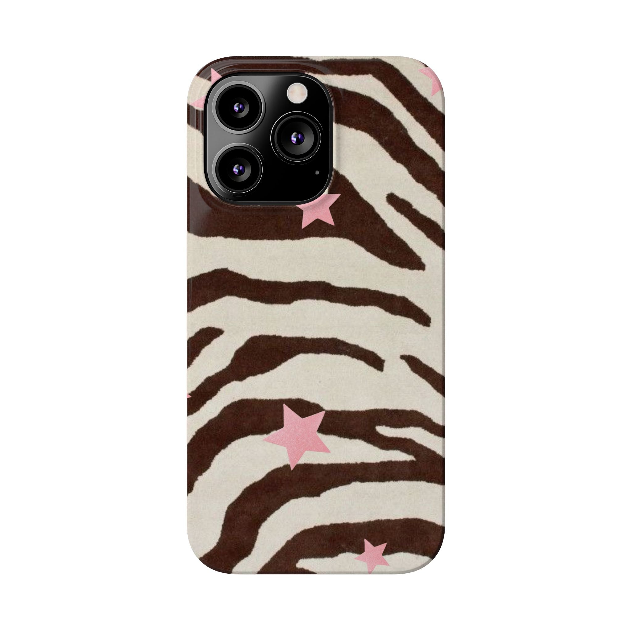 Zebra Stripe Slim Phone Case with Pink Stars – Trendy Animal Print Protector