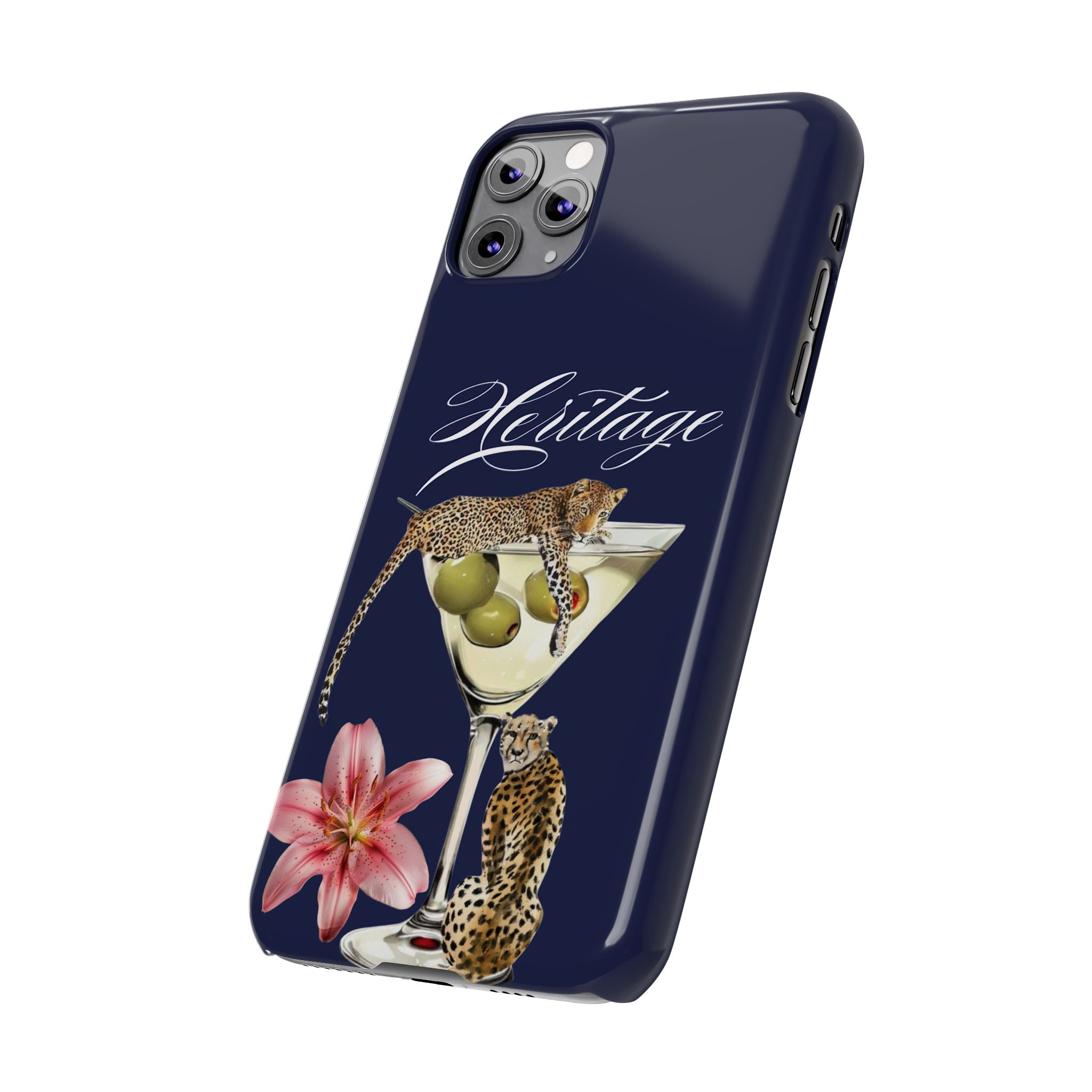 Heritage Cheetah Martini Slim Phone Case — Floral Cocktail Design