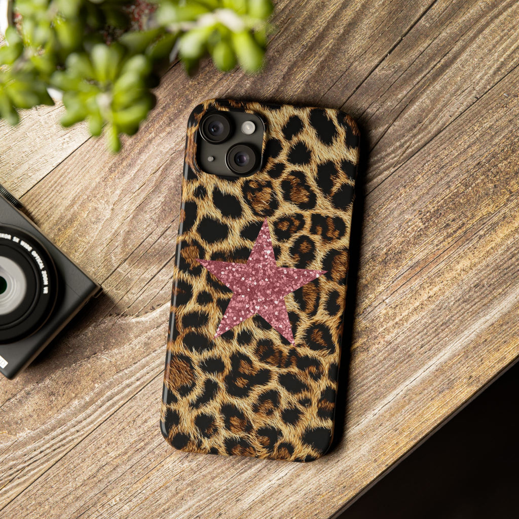 Leopard Print Slim Phone Case with Pink Glitter Star — Chic Animal Print Protective Cover