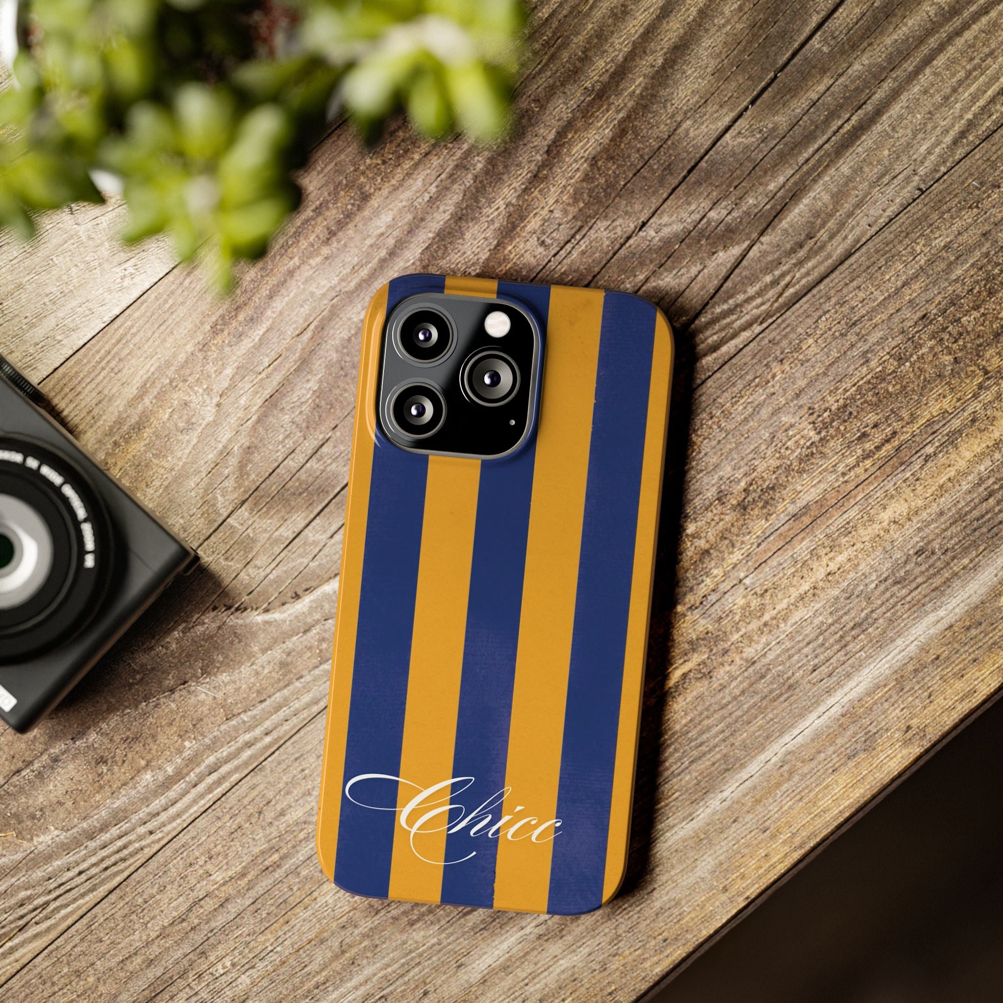 Striped Navy & Gold Slim Phone Case — "Chicc" Script Accent