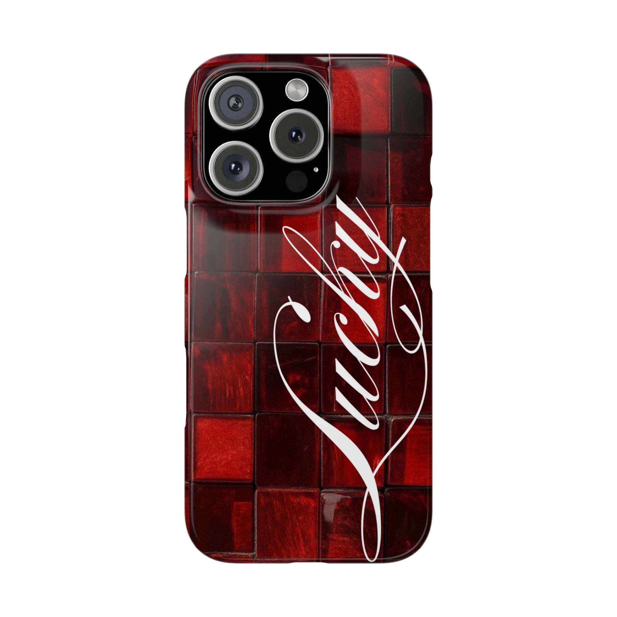 Red Mosaic 'Lucky' Slim Phone Case — Stylish Script Protective Cover