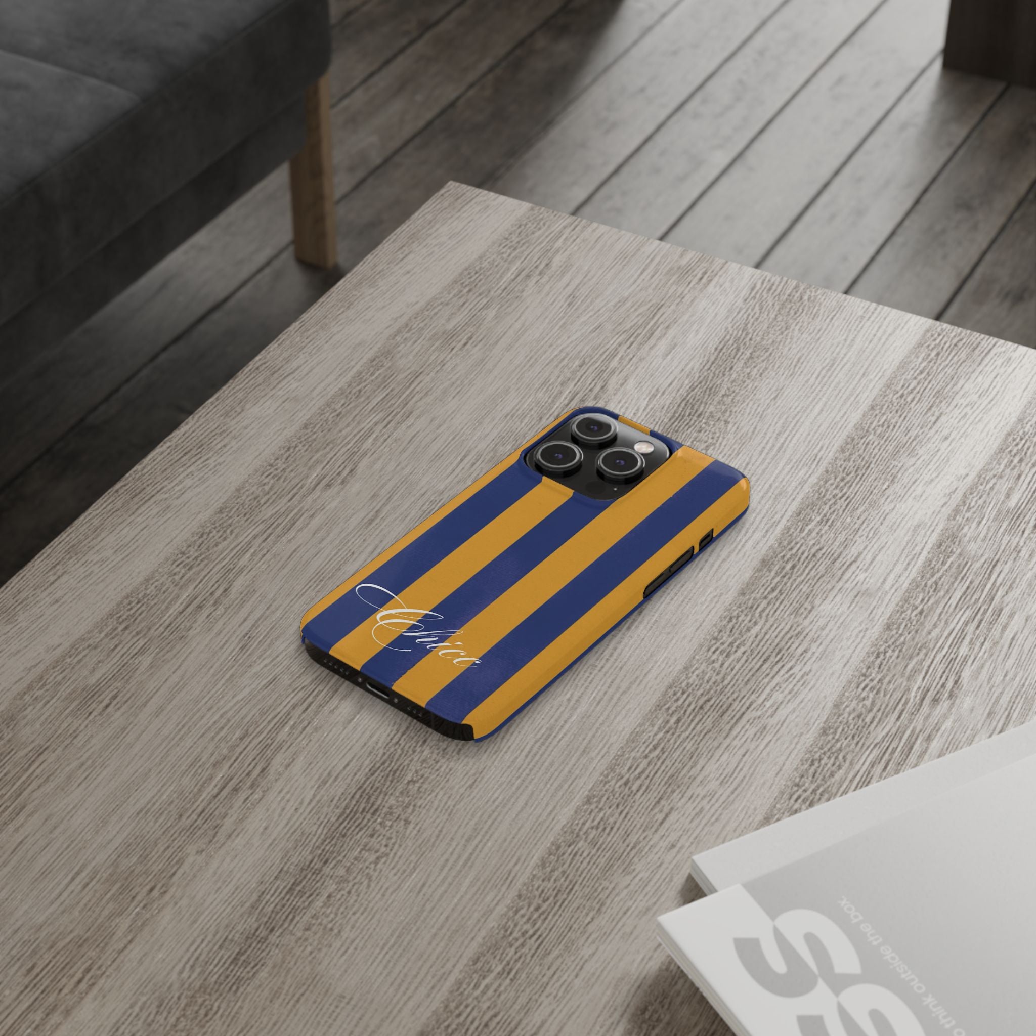 Striped Navy & Gold Slim Phone Case — "Chicc" Script Accent