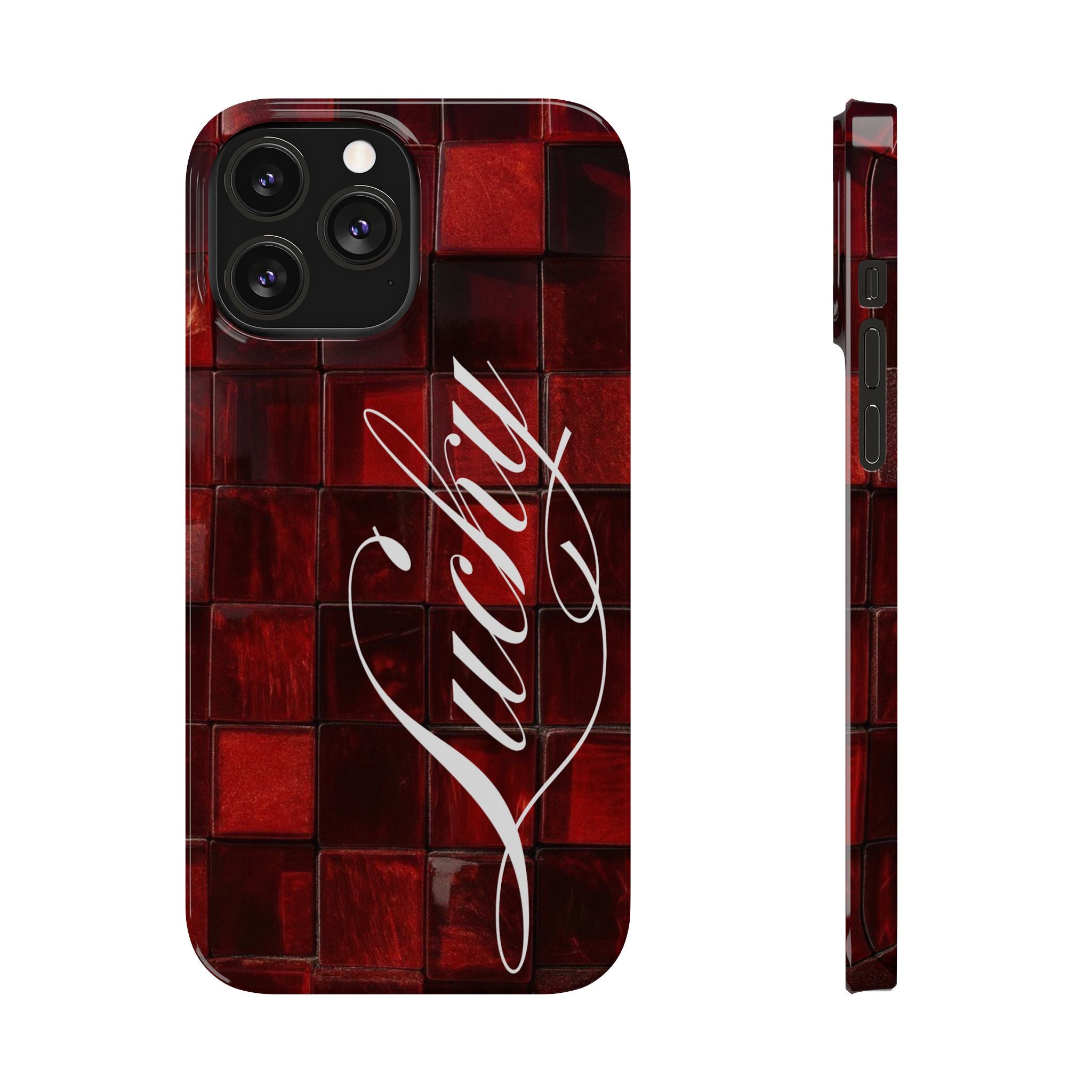 Red Mosaic 'Lucky' Slim Phone Case — Stylish Script Protective Cover