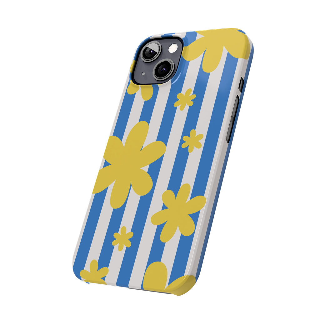 Retro Blue Stripes with Yellow Flower Pattern