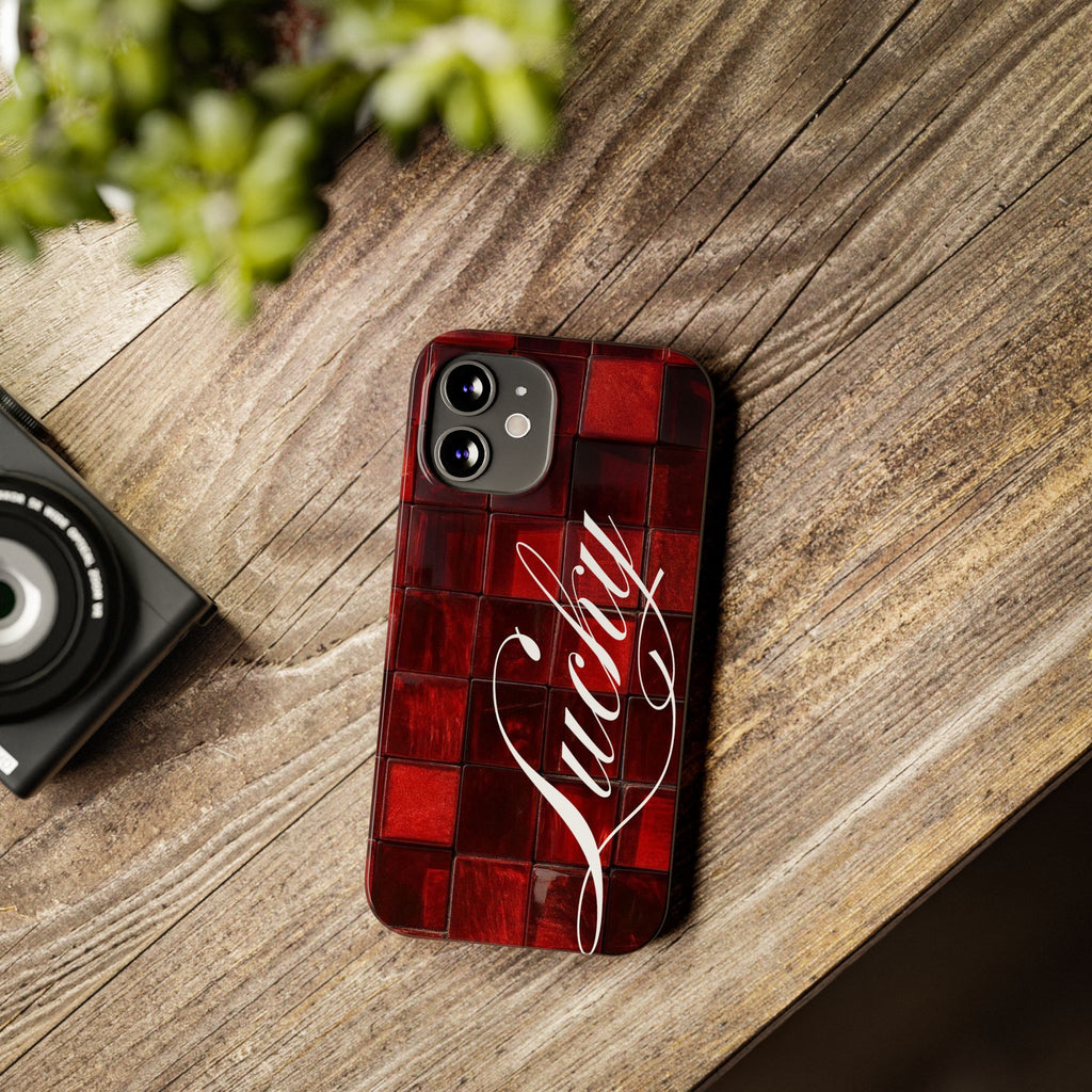Red Mosaic 'Lucky' Slim Phone Case — Stylish Script Protective Cover