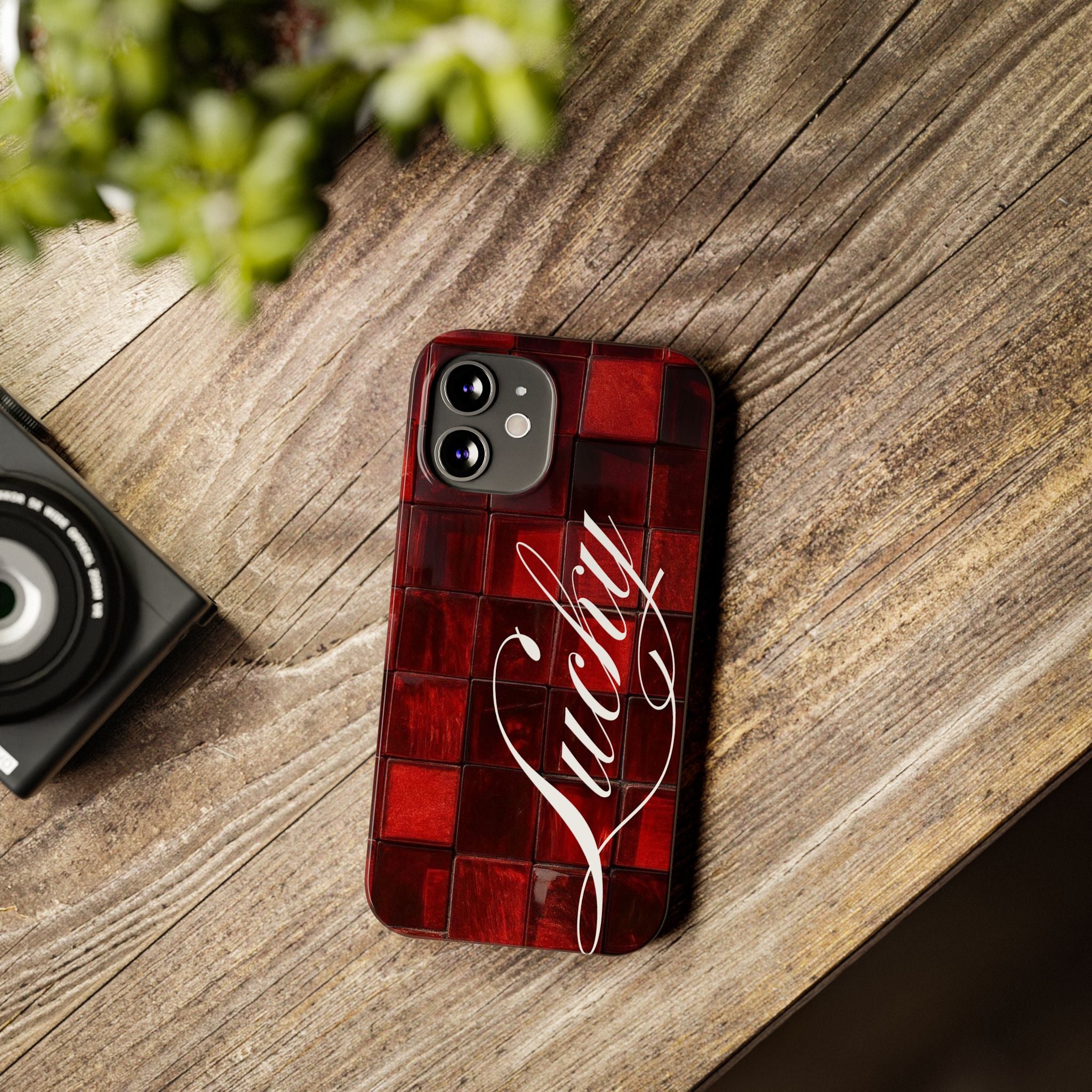 Red Mosaic 'Lucky' Slim Phone Case — Stylish Script Protective Cover