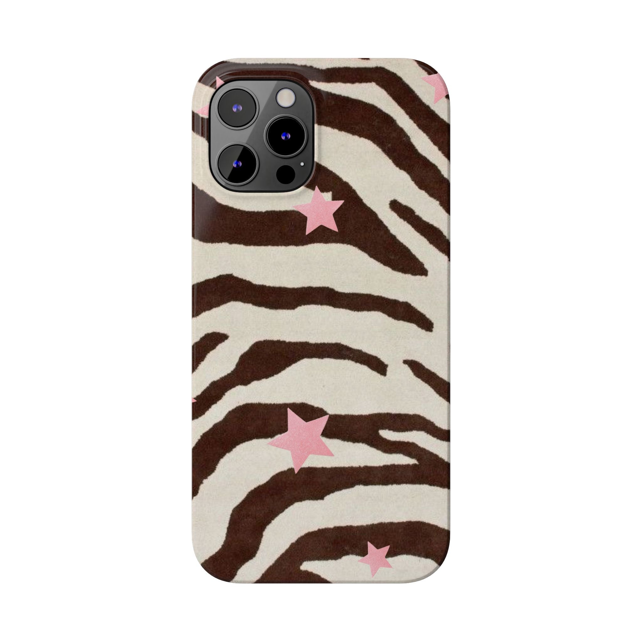 Zebra Stripe Slim Phone Case with Pink Stars – Trendy Animal Print Protector