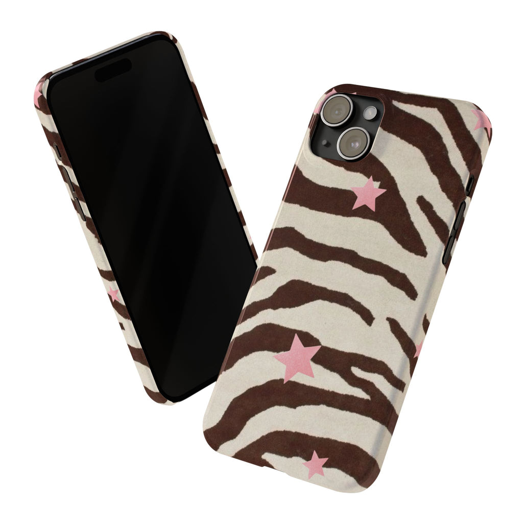 Zebra Stripe Slim Phone Case with Pink Stars – Trendy Animal Print Protector