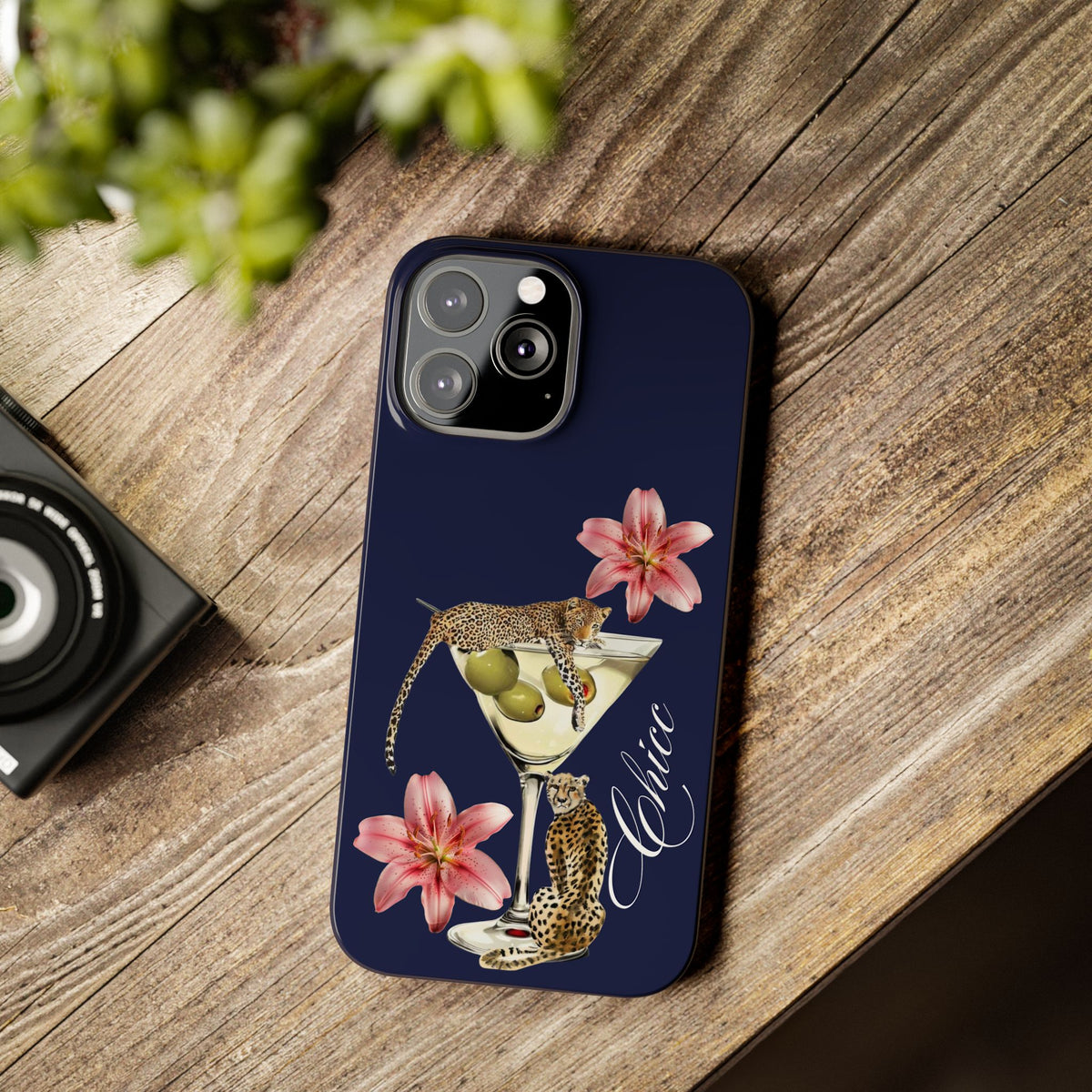 Heritage Cheetah Martini Slim Phone Case — Floral Cocktail Design