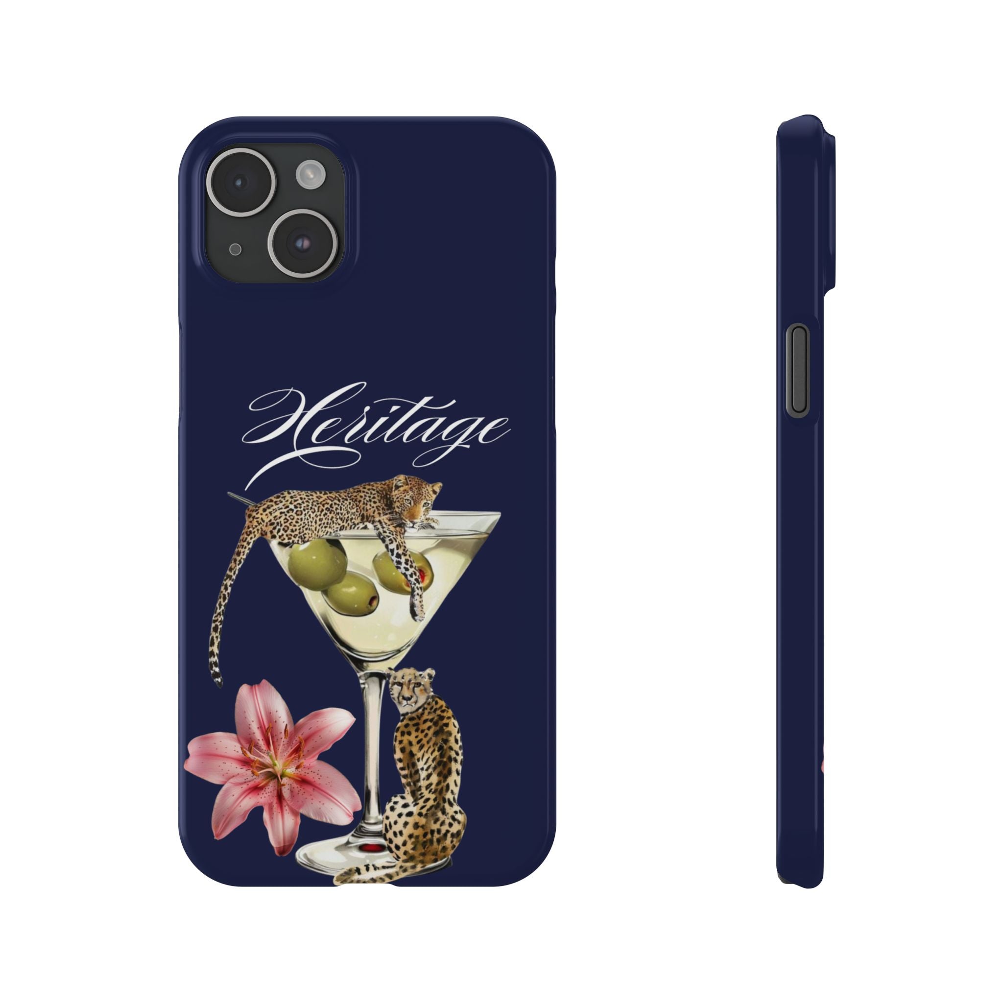 Heritage Cheetah Martini Slim Phone Case — Floral Cocktail Design