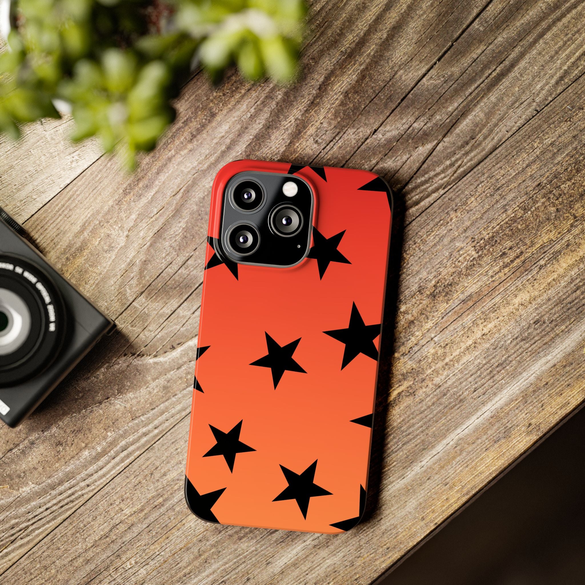 Star Pattern Slim Phone Case — Gradient Orange Red with Black Stars