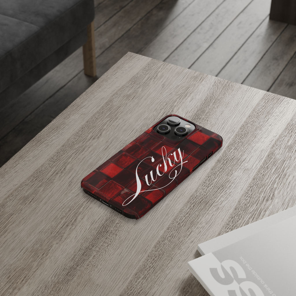 Red Mosaic 'Lucky' Slim Phone Case — Stylish Script Protective Cover