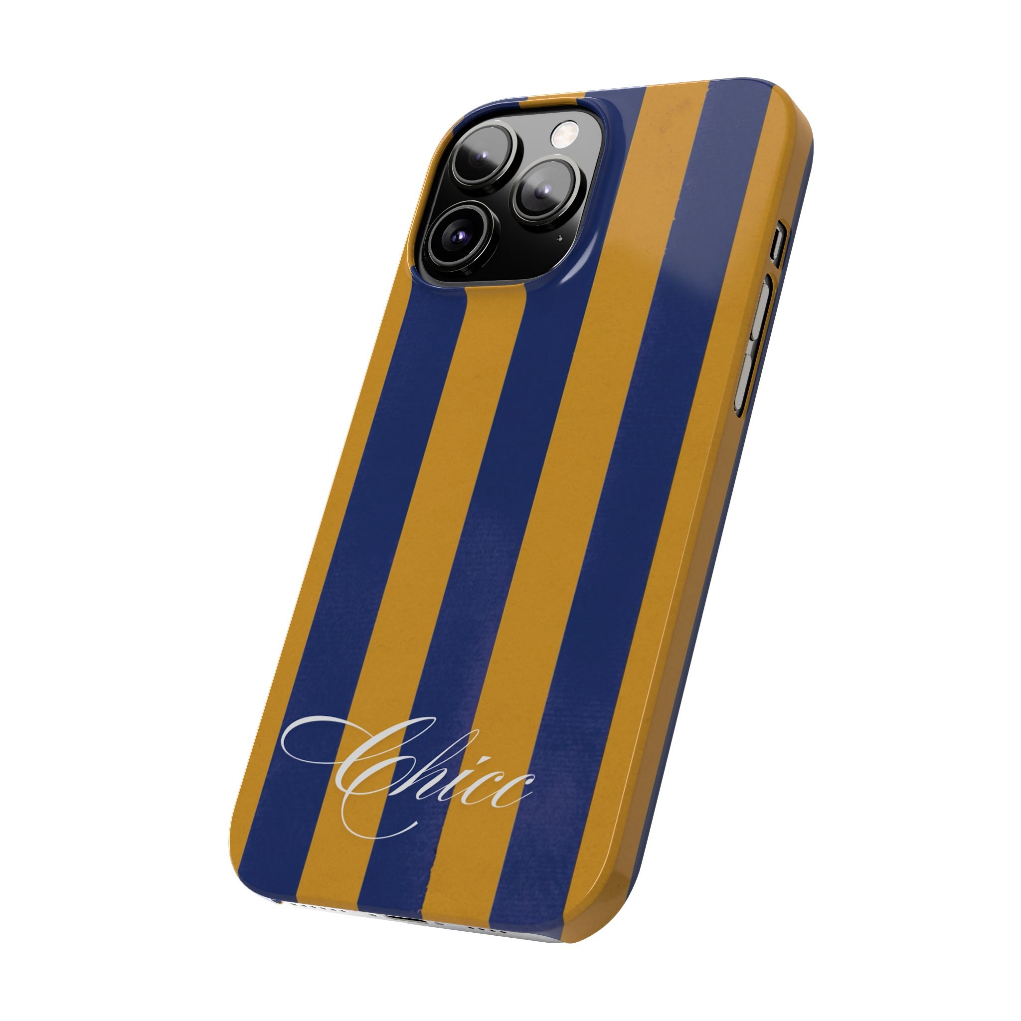 Striped Navy & Gold Slim Phone Case — "Chicc" Script Accent