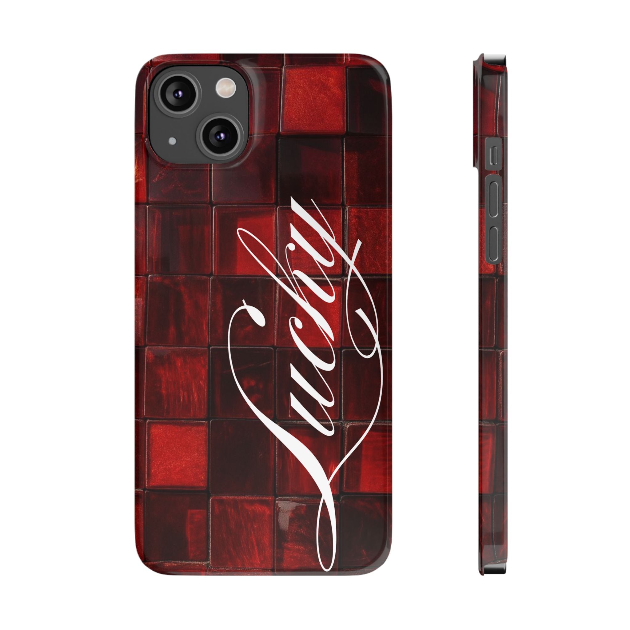 Red Mosaic 'Lucky' Slim Phone Case — Stylish Script Protective Cover