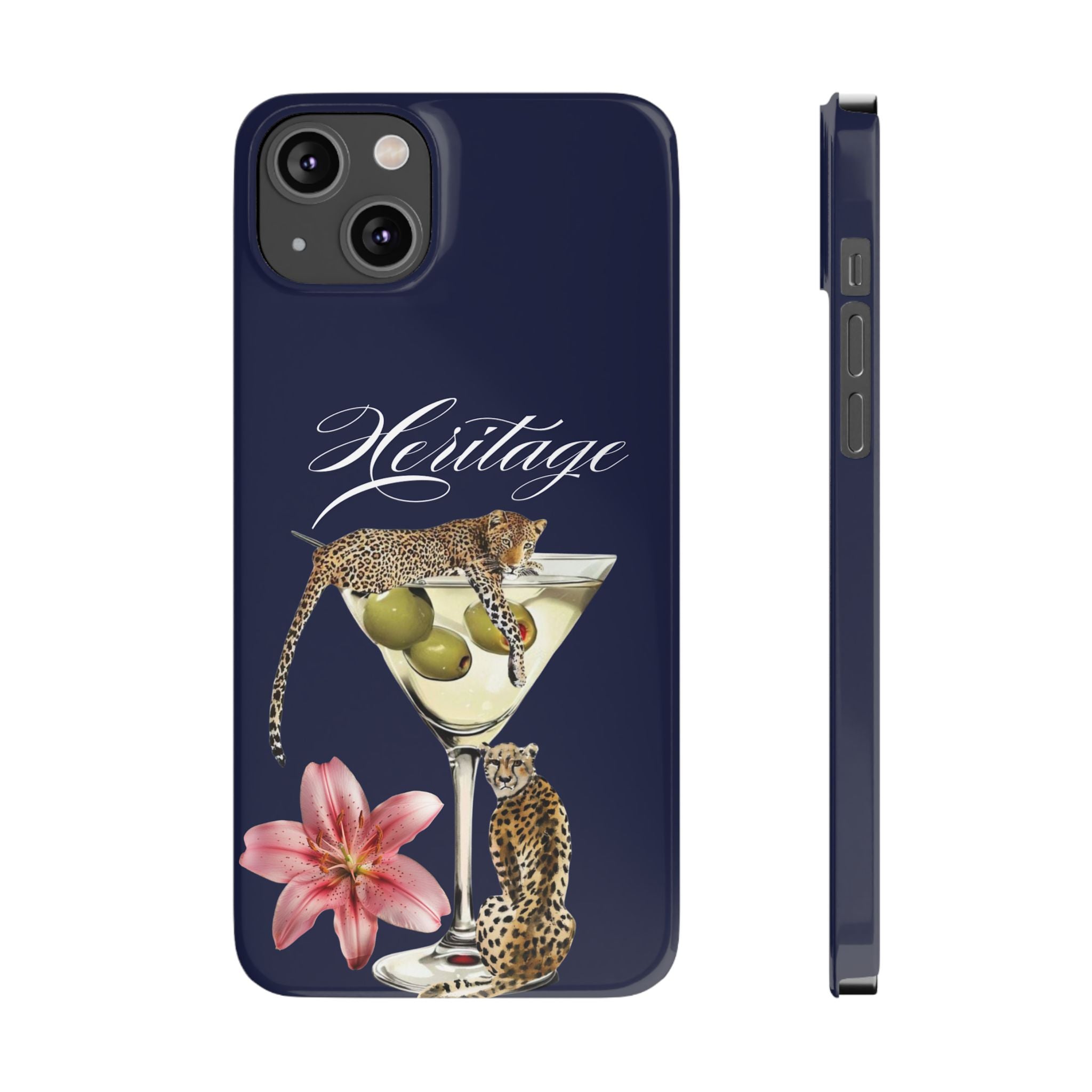 Heritage Cheetah Martini Slim Phone Case — Floral Cocktail Design