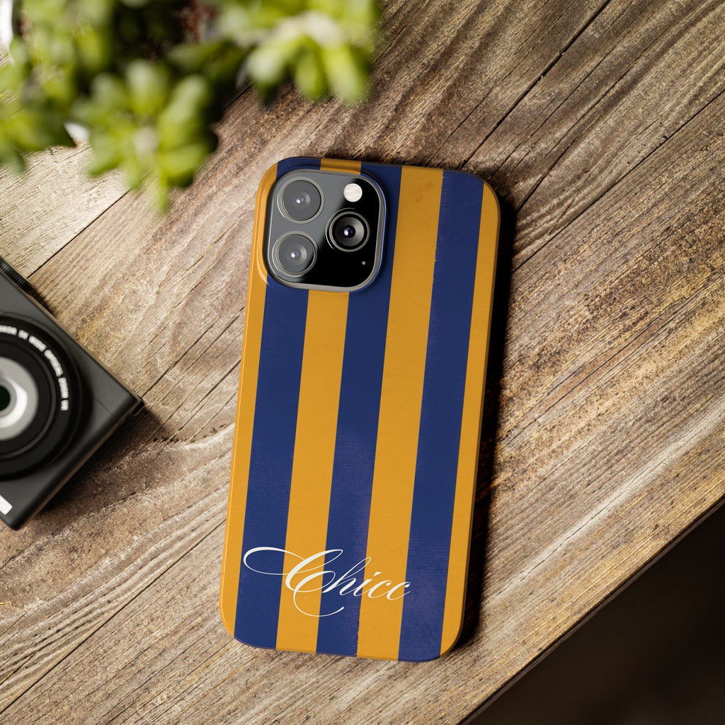 Striped Navy & Gold Slim Phone Case — "Chicc" Script Accent